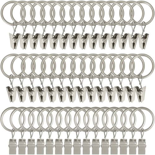 44 Pack Matte Silver Curtain Rings with Clips, Curtain Hooks Hangers Clip Rings for Hanging Drapes Bows Hat, Drapery Rings 1 in I D, Fits up to 5/8 in Diameter Curtain Rod.