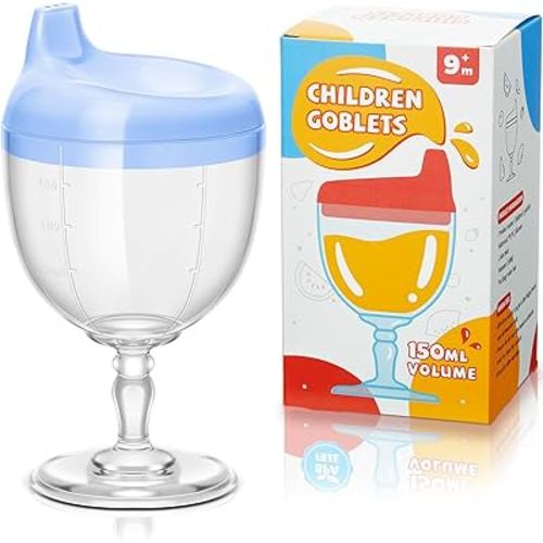 Irenare 1 Pcs Baby Wine Sippy Cup Plastic Goblet Cup No Spill Wine Glass Baby Sippy Goblet Glass Beverage Mug Milk Bottle with Lid for Kids (Blue)