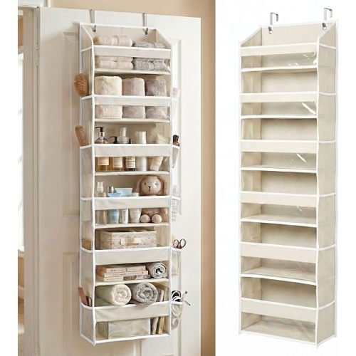UPGRADED 6 Tiers Over The Door Organizer Hanging - 100D EXTRA THICK & 50lbs HUGE CAPACITY, 12 Side Mesh Pockets Over The Door Shoe Organizer, Hanging Closet Organizer (Ivory, 1pc)
