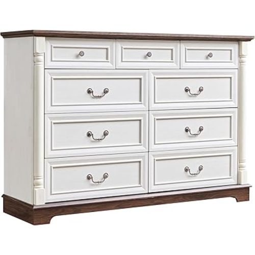 Farmhouse 9 Drawer Dressers for Bedroom, 54" Wood Chest of Drawers, Big Dressers with deep Drawers & Roman Column, Antique White