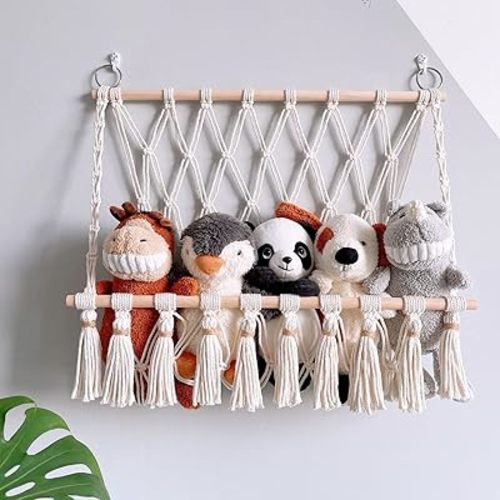 Macrame Stuffed Animal Storage Hammock with Wooden Holder, Boho Stuffed Storage Organizer Net, Hanging Stuffed Animal for Net Nursery Wall Decor