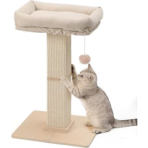 FUKUMARU Cat Scratching Post, Modern Style Tall Scratch Posts with Perch for Infoor Cats Adults, Large Cat Scratcher Tower with Bed, Small Tree with Raised Stand, Natural Sisal & Solid Wood