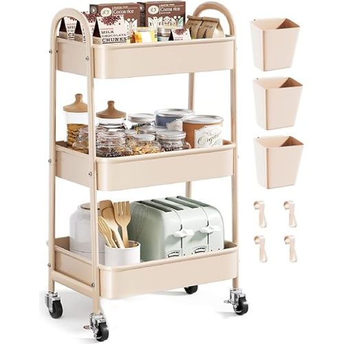 Khaki 3 Tier Rolling Cart Metal on Wheels, Three Tiered Storage Organizer Utility Trolley with Wheels for Art, Craft, Baby Diaper Caddy, Snack, Book, Nail, Lash, Cleaning Supplies, Kitchen, Bathroom