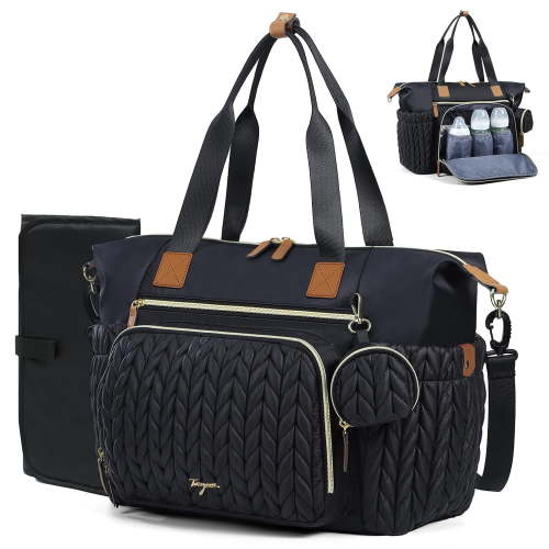 Lekebobor Diaper Bag Tote, Large Diaper Bags Waterproof, Hospital Bag for Labor Delivery, Baby Bag with Pacifier Case, Travel Diaper Tote with Changing Pad, Black