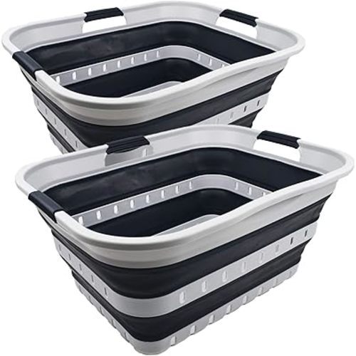 SAMMART 42L (11 gallon) Collapsible Plastic Laundry Basket - Foldable Pop Up Storage Container/Organizer - Portable Basket - Space Saving Hamper (Grey/Slate Grey (Set of 2))