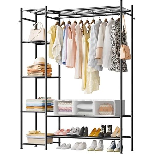Wardrobe Closet for Hanging Clothes, Freestanding Metal Clothes Rack with 4 Tiers Storage Shelves and Hanging Rod, 45 Inch Width Wardrobe Closet for Bedroom, Cloakroom, Black