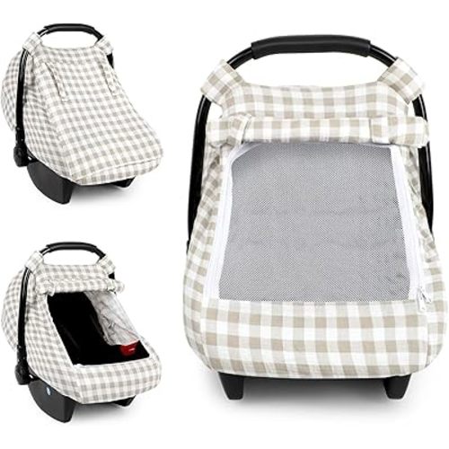 DILIMI Car Seat Covers for Babies, Muslin Cotton Baby Car Seat Cover with Breathable Mesh Window, Summer Infant Car Seat Canopy for Boys Girls Newborn, Khaki Checkered