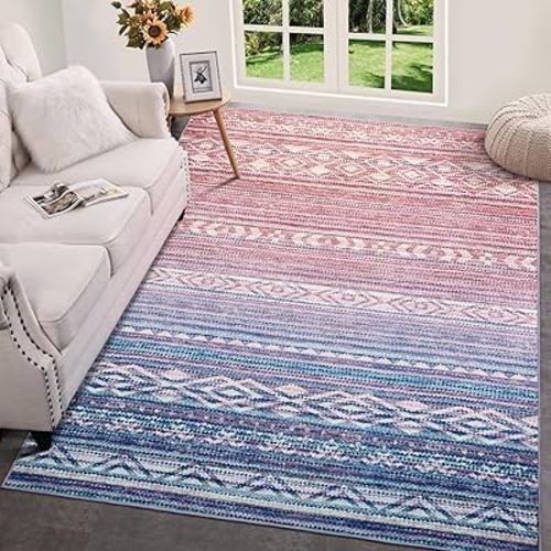 ST. BRIDGE Washable Low Pile Rug 5x7, Modern Ombre Area Rug for Living Room, Non-slip Large Abstract Throw Mat, Non-Shedding Indoor Print Carpet for Bedroom Dining Room Office Home Decor, Pink/Blue