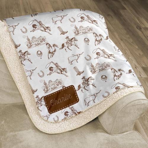 Western Blanket with Name Personalized Ranch Sherpa Throw Vintage Fuzzy Blanket For Children Neutral Gender Cowboy Cowgirl Baby Blanket