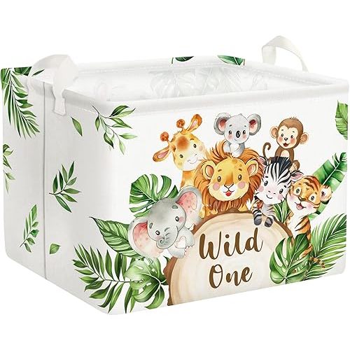 Clastyle 36L Large Safari Animals Elephant Shelf Basket Lion Rectangle Collapsible Dirty Clothes Baby Basket Jungle Koala Giraffe Book Toy Storage Bin for Nursery