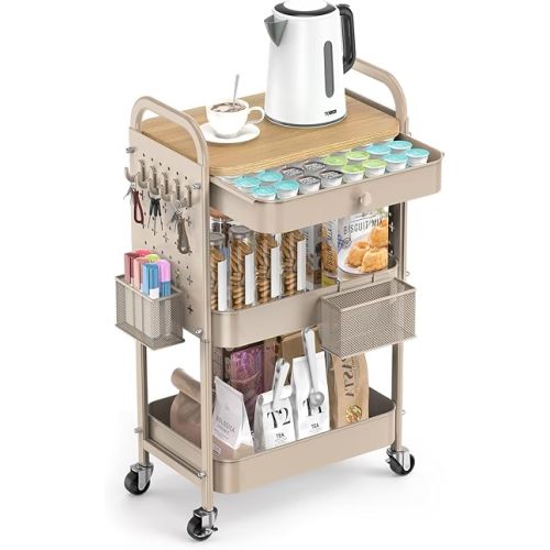 ALVOROG Rolling Cart with Drawer and Wood Table Top, 3 Tier Metal Rolling Utility Cart on Wheels with DIY Pegboards, Hanging Baskets, Hooks for Kitchen, Bedroom, Office, Craft Supplies