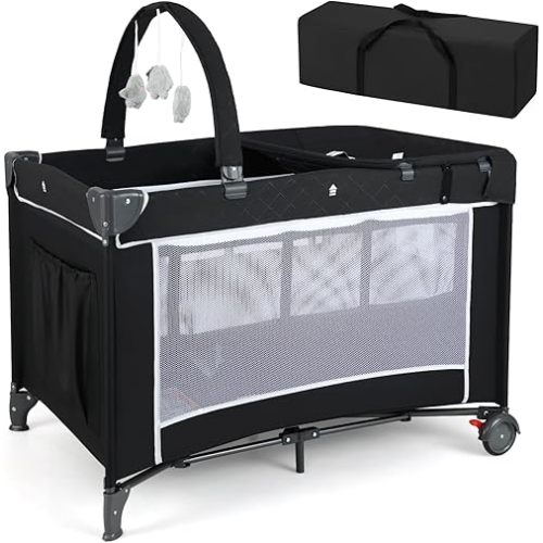HONEY JOY Pack and Play, 4 in 1 Folding Infant Playpen with Bassinet, Quickly Assembled, Breathable Mesh Fabric, Carry Bag, Diaper Changing Table, Toys, Portable Crib for Babies & Toddlers (Black)