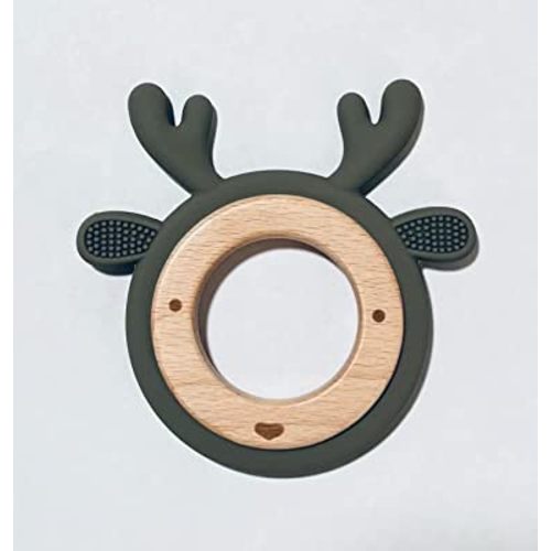 LogiBear Animal Baby Teether Ring for 6+ Months, Non-Toxic BPA Free Food Grade Silicone and Beech Wood, Baby Tested for Easy Grip and Soothing Teething Pain (Deer, Sage)