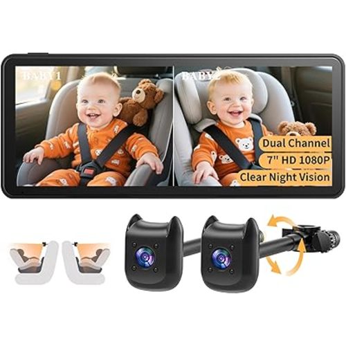 Dual Car Camera Baby Monitor with 6.9" Split Screen-1080P HD Carseat Camera for 2 kids with 360° Full Rotation-Night Vision, Auto-detail Enhancement, 2 Power Ways, Easy Install, for Twins & Siblings