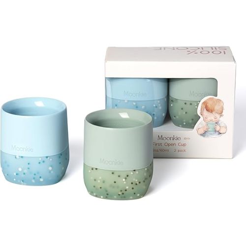 Moonkie Silicone Baby Cups 4 Months+ | Tiny Open Training Cups for Infants with Confetti Sprinkles | Baby-Led Weaning Essential | 2 oz (Ether/Mint, 2 Pack)