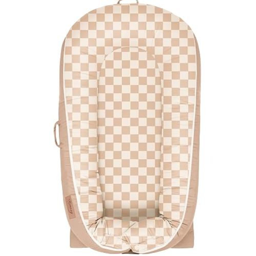 Konssy 100% Cotton Baby Lounger Cover Fits DockATot Deluxe+, Cover Only | Soft & Breathable, Easy Installation with Two-Way Zipper & Snap Buttons, Cozy Replacement Cover for Baby Nest (Coffee Check)