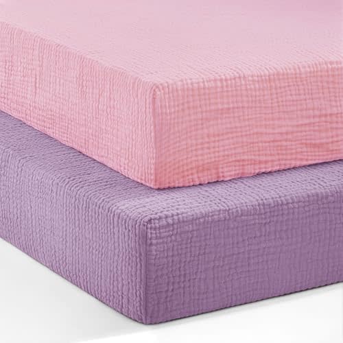 Pro Goleem 2 Pack Muslin Crib Sheets for Girls, Soft Breathable Fitted Cotton Baby Bed Sheets Set for Standard Crib Mattress & Toddler Mattress 52"x28", (Pink&Purple)