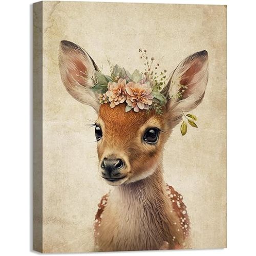 Canvas Wall Art Cute Sika Deer Wearing a Wreath Prints on Canvas Wall Decoration Jungle Nursery Animal Print Picture for Bedroom Bathroom and Kitchen Stretched and Framed, Ready to Hang
