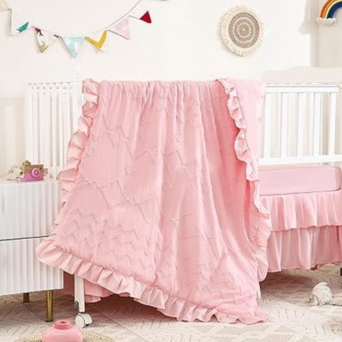 3-Piece Tufted Ruffle Crib Bedding Set for Girls - Ultra Soft Baby Bedding Set Includes Boho Crib Comforter, Sheet & Skirt (Light Pink)