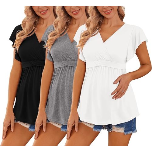 Ekouaer Maternity Shirts 3 Packs Flying Short Sleeve Nursing Tops Pregnancy Clothes