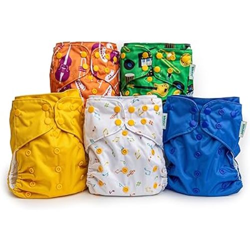 Kinder Cloth Diapers Set of 5 Reusable Baby Diapers Pocket Style Athletic Wicking Jersey, Newborn to Potty 7-60lbs, One Size, Inserts NOT Included (Music Tunes)
