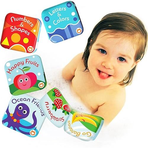 Floating Baby Bath Books Set of 4 - Bath Books for Babies, Infants - Waterproof, Mold-Free Bath Toys for Learning & Early Education (Fruit, Ocean, ABC, Numbers Books)
