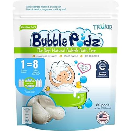 TruKid Bubble Podz Bubble Bath for Baby & Kids, NEA-Accepted for Eczema, Gentle Refreshing Colloidal Oatmeal Bath Bomb for Sensitive Skin, pH Balance 7 for Eye Sensitivity, Unscented (60 Podz)