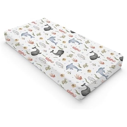 Sea Animals Changing Pad Cover Whale Dolphin Jellyfish Sea Horse Turtle Fish Coral Fitted Baby Change Table Sheets for Boy Girl Ocean Soft Stretch Fitted Changing Table Pad Cover Mats 32''x16''