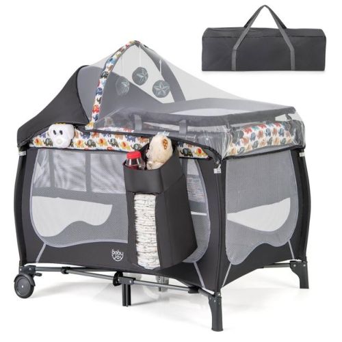 Infans 4 in 1 Portable Baby Playard w/Bassinet, Changing Table, Lockable Wheel, Foldable Travel Baby Crib Nursery Center, Gray, Elephant