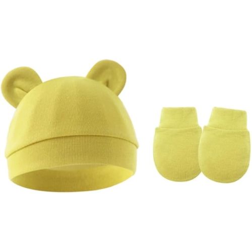 Newborn Baby Bear Hat & Mittens Set, 2-Piece Soft Beanie Anti-Scratch Gloves Gift