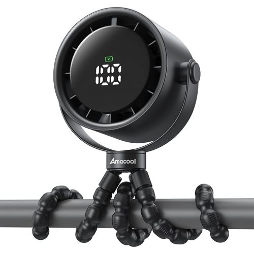 AMACOOL Baby Stroller Fan, Rechargeable Portable Clip on Fan, 17H Cooling with 5 Speeds, LED Display, 360°Rotate Personal Cooling Fans for Car Seat, Crib, Travel, Camping, Gifts for New Parents