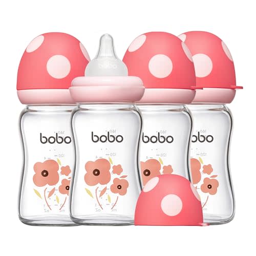 YOHKOH Natural Glass Baby Bottle with Natural Response Nipple, Newborn Anti-Colic Baby Bottles, Wide Neck Mushroom Cap Baby Bottle, Clear ((5.4oz (Pack of 4), Red)