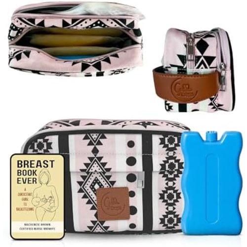 Breastmilk Cooler Bag with Ice Pack Fits 4 Baby Bottles - Dual Pocket Insulated Breast Milk Cooler Travel Bag - for Nursing Moms Daycare - Beautiful Printed Breastmilk Storage Bottle Bag - Pink
