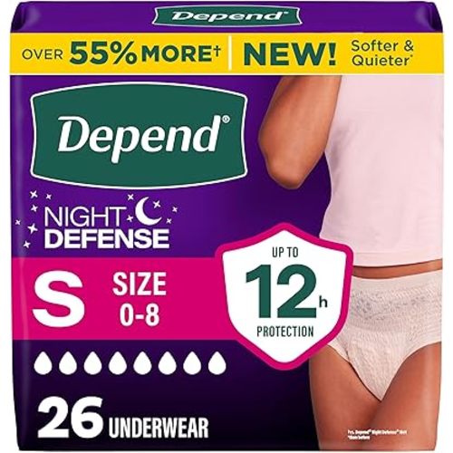 Depend Night Defense Adult Diapers, Incontinence & Postpartum Bladder Leak Underwear for Women, Disposable, Overnight, Small, Blush, 26 Count, Packaging May Vary
