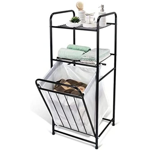 Duwee Laundry Basket with 2-tier Storage Shelf, Pull-Out Laundry Sorter Hamper, Laundry Basket with Removable Bag, Dirty Clothes Basket for Home, Bathroom, Bedroom, Laundry Organizer and Storage