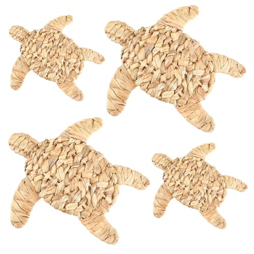 Threehoney 4 Pcs Sea Turtle Beach Theme Decor Handmade Wicker Sea Turtle Wall Decor Scandinavian Hanging Coastal Nautical Sculpture for Boho Bathroom Indoor Outdoor Table Wall Art Ornament