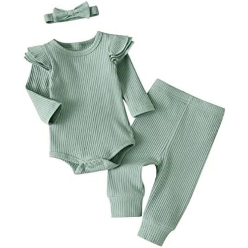 Kulcerry Newborn Infant Baby Girl Clothes Solid Color Ribbed Long Sleeve Romper Pants Headband Outfits Set