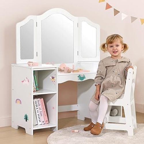Kids Vanity, 2 in 1 Toddler Vanity for Girls 5-7 with Detachable Tri-Folding Mirror, Kids Desk and Chair Set with DIY Stickers, Dressing Table for Girls
