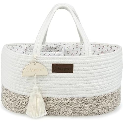 Diaper Caddy Organizer, Boho Diaper Bag Tote for Changing Table Necessities and Baby Essentials Must Haves for Newborn, Car Caddy Organizer, Portable Storage Basket for Boy or Girl, White/Beige