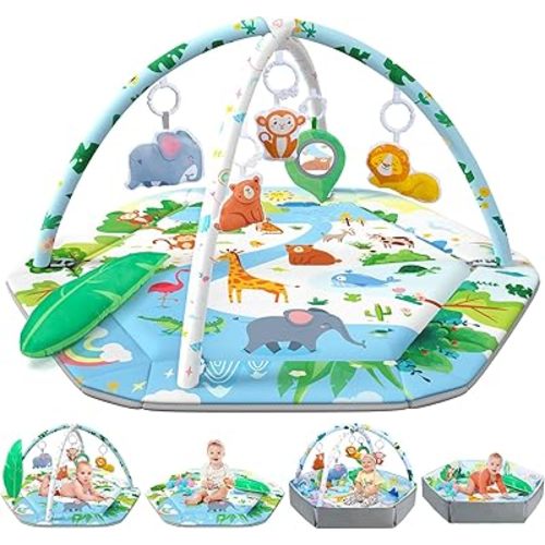 Baby Gym Play Mat, 8-in-1 Tummy Time Mat & Activity Gym Mat Ball Pit with Detachable Toys, Washable Infant Play Mat for Visual, Hearing, Sensory, Motor Development, Newborn Baby Toys Gift for Toddler 0-3-6-9-12 Months Easy to Install