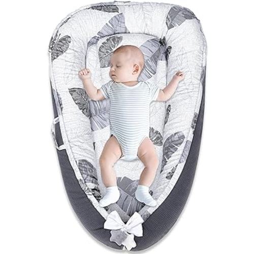 Baby Nest Lounger Pillow for Newborn, Cover Ultra Soft 100% Waffle Organic Cotton for 0-24 Months, Adjustable Breathable & Portable Infant Snuggle (Luxury Leaves)