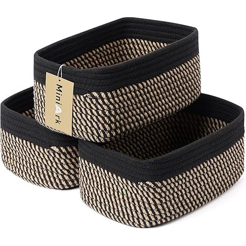 Shelf Storage Baskets for Organizing | Closet Organizer Bins | Small Toy Basket | Woven Rope Baskets | Cube Decorative Box | Shallow Basket | 11.5x7.5x4.7” | 3 Packs Black Brown