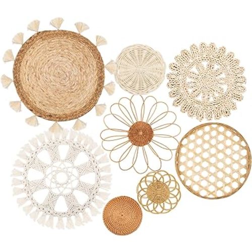 Boho Wall Basket Decor Set of 8 - Flat Woven Basket Wall Hanging Decor,Round Tassels White Macrame Tapestry Wall Decor Art,Handmade Rattan Wicker Seagrass Home Wall Baskets Decor（Boho Classic)