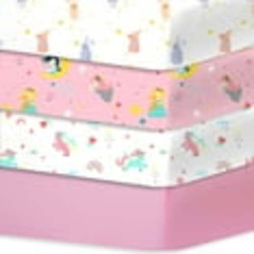Little Grape Land 4 Pack Fitted Crib Sheets for Baby Boys, 28"x 52" Extra Soft Microfiber Crib Sheet Set& Toddler Mattress Pad, Rabbit & Dreaming in Wonderland & Rainbow Horse & Pink