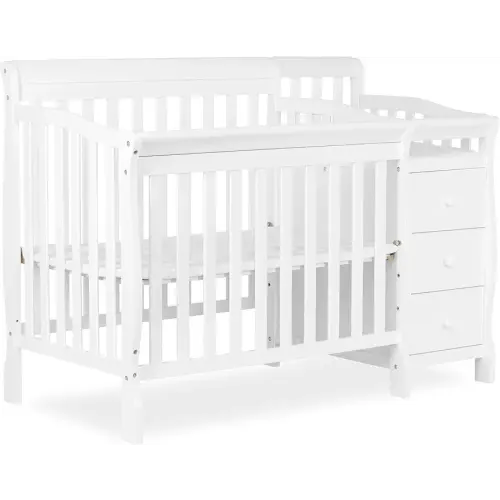 Dream On Me Jayden 4‑in‑1 Mini Convertible Baby Crib & Changer with Storage in White, Pinewood, GreenGuard Gold & JPMA, 1” Mattress Pad, 3 Mattress Heights, Converts to Mini Day & Twin-Size Bed