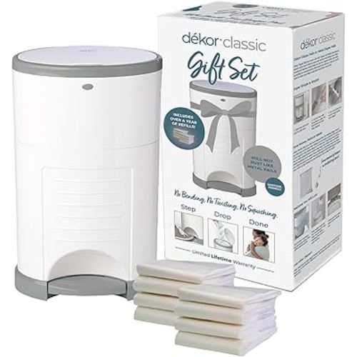 Diaper Dekor Classic Diaper Pail Gift Set – White | Comes with up to a Year's Supply Worth of Diaper Dekor Refills!