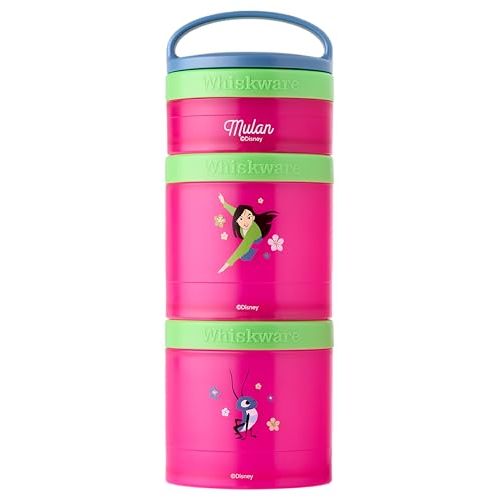 Whiskware Disney Princess Stackable Snack Containers for Kids, 3 Stackable Snack Cups for School and Travel, Mulan and Cri-Kee