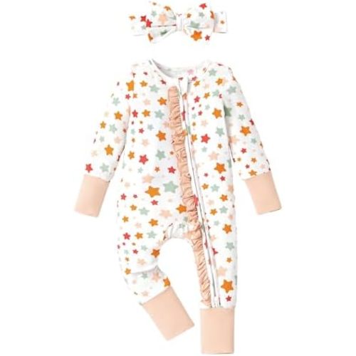PATPAT Baby Footie Girls - Supersoft Bamboo Viscose - Unisex Infant Clothes - 2 Way Zipper & Mitten & Ruffle Trim & Headband