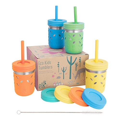 Elk and Friends Stainless Steel Cups | 10 oz Mason Jar design | Kids & Toddler Cups with Silicone Sleeves & Straws with Stopper | Smoothie Cups