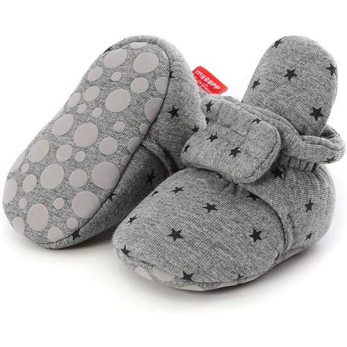 HsdsBebe Unisex Newborn Baby Cotton Booties Non-Slip Sole for Toddler Boys Girls Infant Winter Warm Fleece Cozy Socks Shoes - 0-6 Months Infant - B/Star-grey